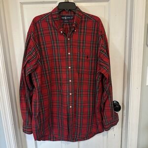 Ralph Lauren Big Shirt‎ Red Tartan Plaid Button Down Mens Size XL 100% Cotton